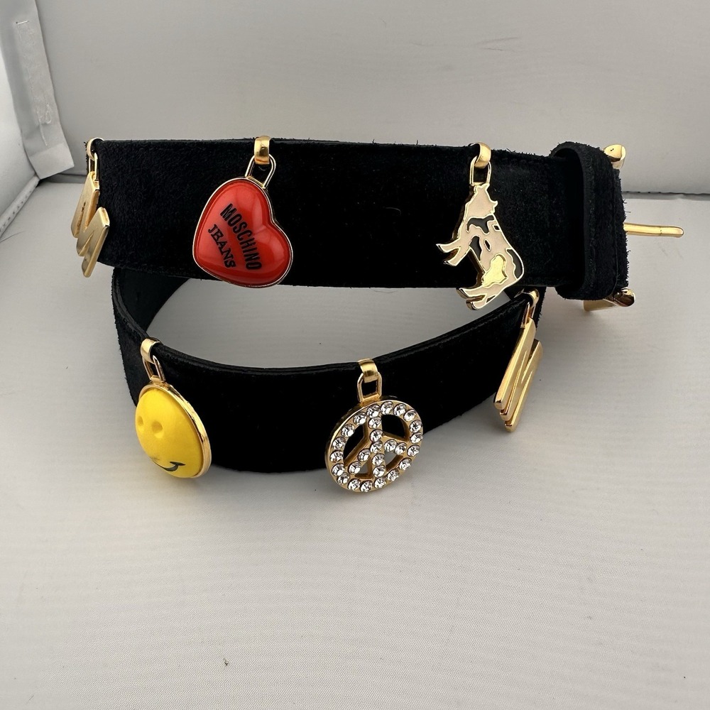 Vtg Moschino Black Suede Charm Belt Sm Cow Heart Smiley Face Logo Novelty Retro